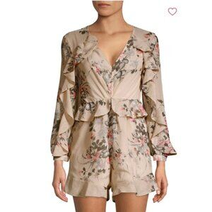 EUC Few Moda Beige Floral Whimsical Long Sleeve Shorts Romper With Ruffles, XS